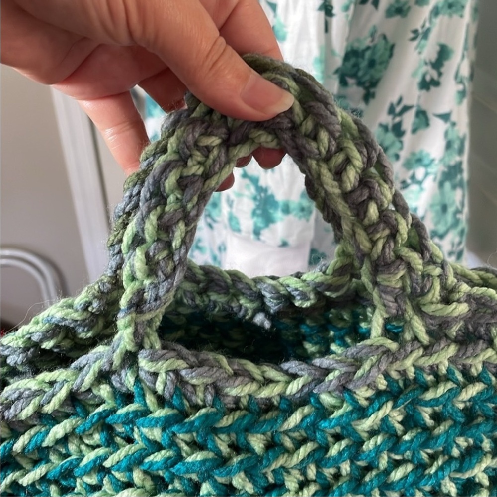 Handmade Basket Organization Green Blue Crochet Decor Hand Crafted Chunky Knit - Picture 13 of 17